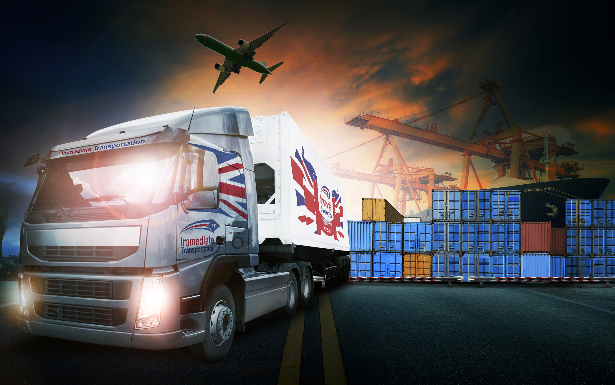 Aeroplane, shipping containers and Immediate Transport lorry