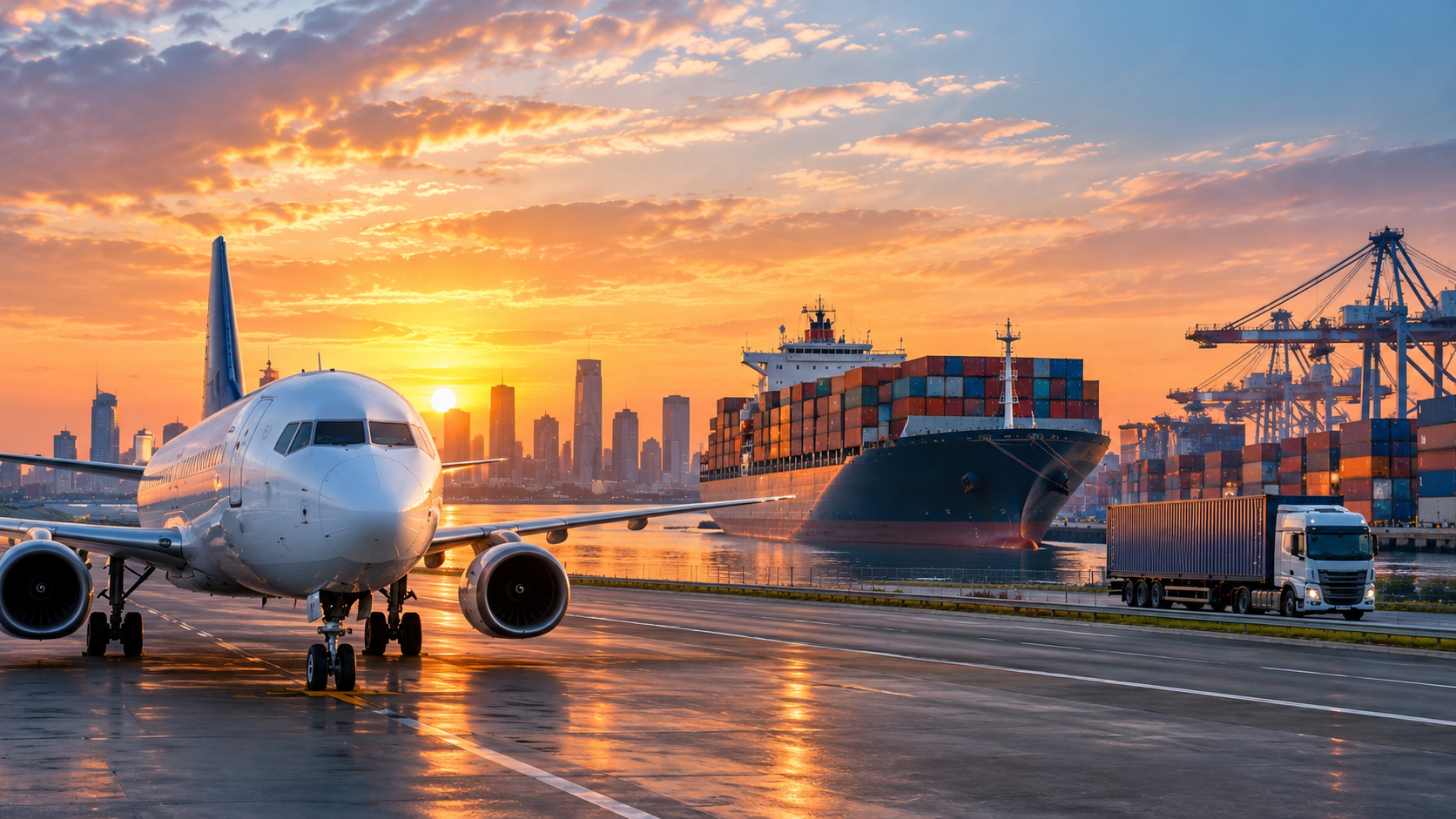 Aeroplane, lorry and container ships together