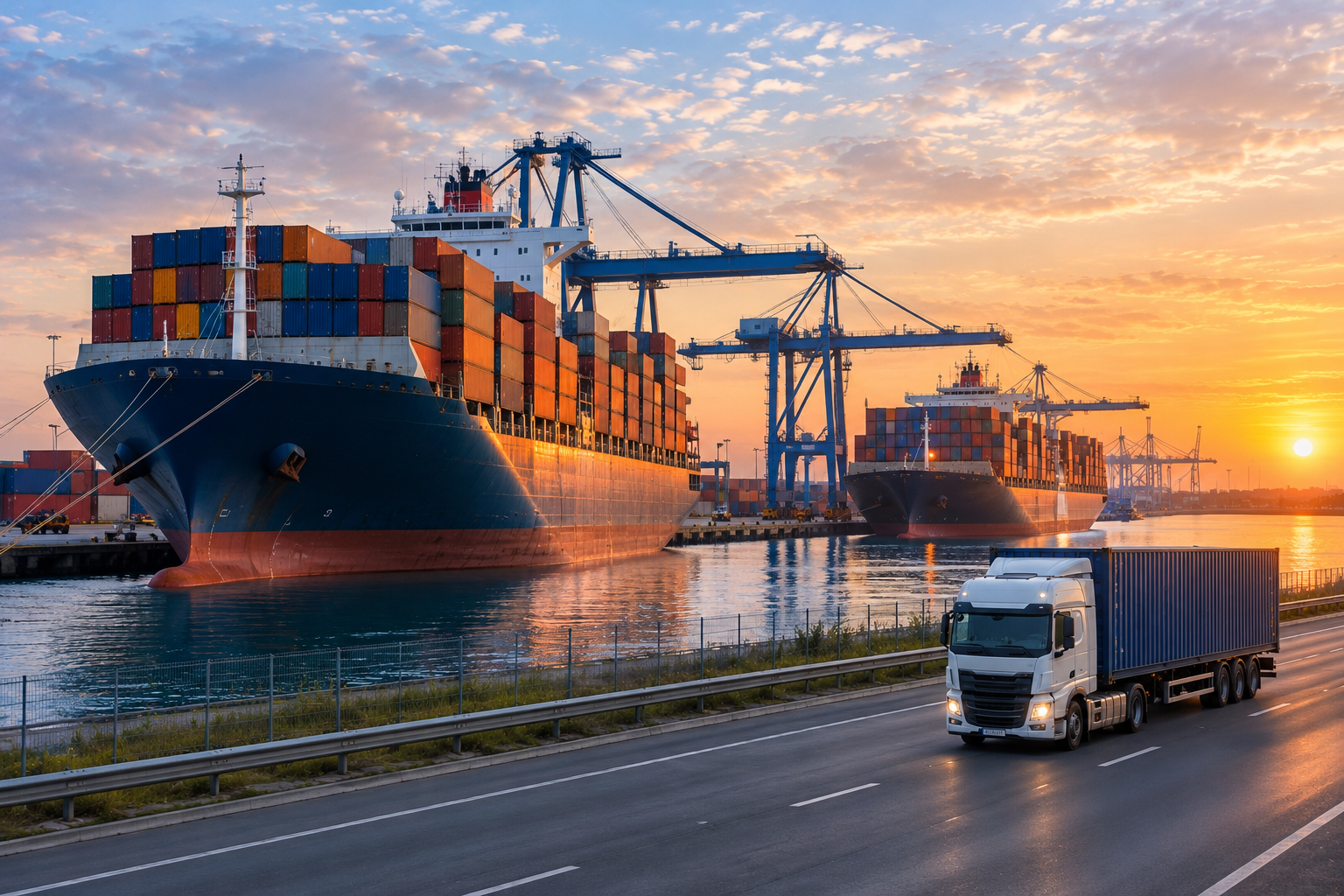Container ships and lorry